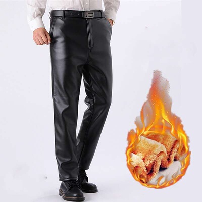 Leather pants Plush thickening Paige Straight pants Anti-oil Windbreak waterproof Riding locomotive Middle and old age trousers