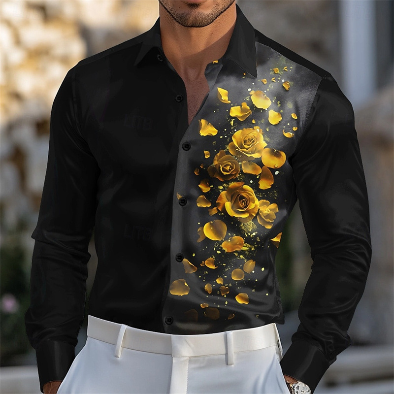 Men's Rose Flower Shirt Formal Shirt Long Sleeve Fashion Casual Wedding Spring Shirt 3D Printing Men's Shirt