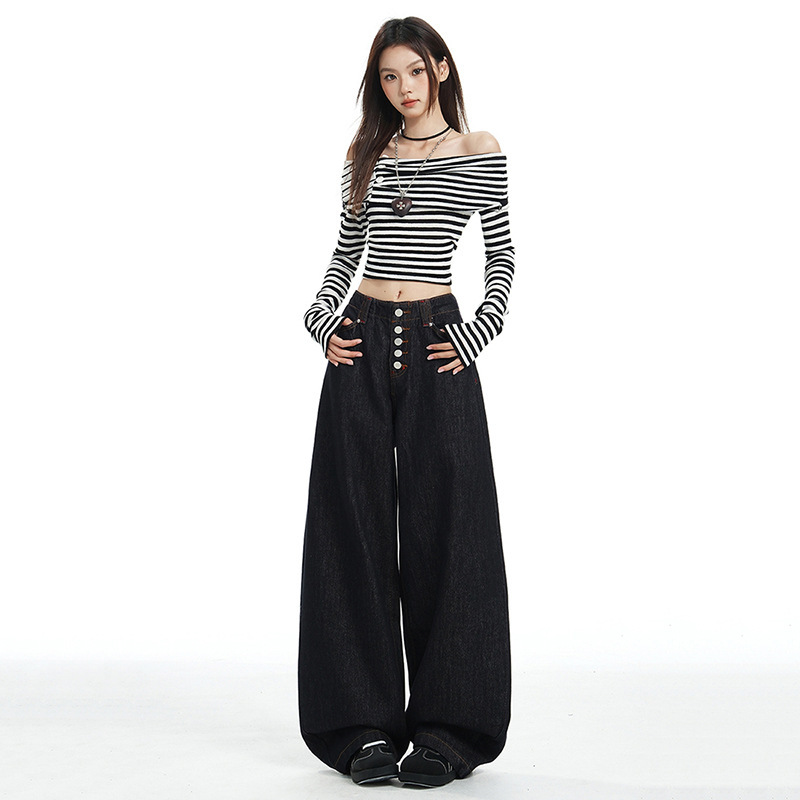 Button Placket Design Scimitar Jeans for Women 2025 Autum New Loose Wide-Leg Lazy Style Silhouette Pants