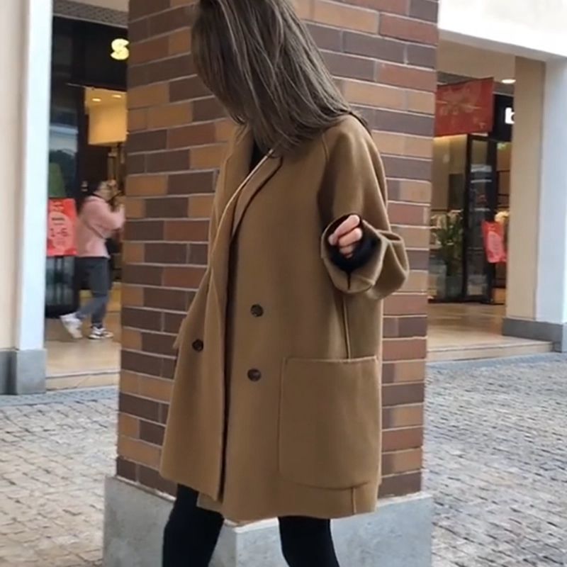 韓国版の夏シーズンの大きなポケットの小さなウールコート女性用スーツ襟ルーズスタイルの女性用ミドル丈ウールコート|undefined