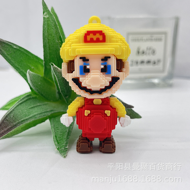 Bloques de construcción de dibujos animados lindo Mario llavero colgante bloques de construcción Super Mario pareja llavero adornos
