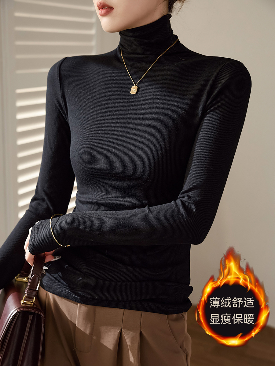 여성을위한 벨벳 슬리밍 밀착 따뜻한 터틀넥 셔츠 2025 가을 겨울 신작 가을 긴팔 티셔츠 탑 겉옷