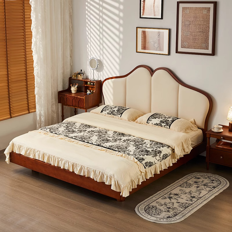 Danvance estilo francés medieval cama de mariposa flotante pequeña cama doble espacio de madera de cera blanca cama de madera maciza