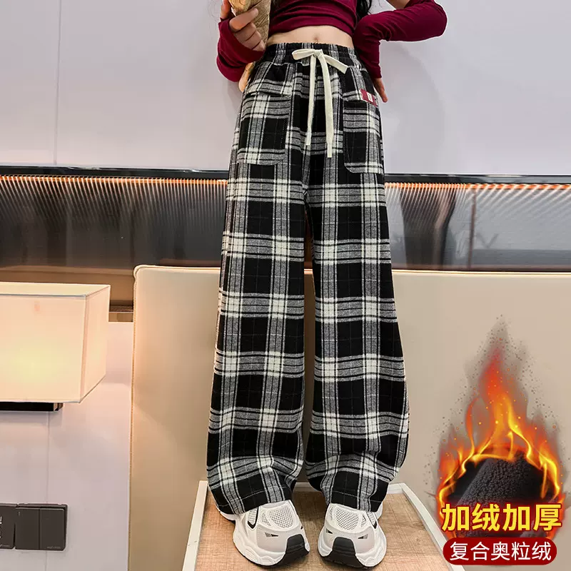 女童阔腿裤2025新款高腰休闲儿童直筒裤加绒女中大童韩版格子长裤