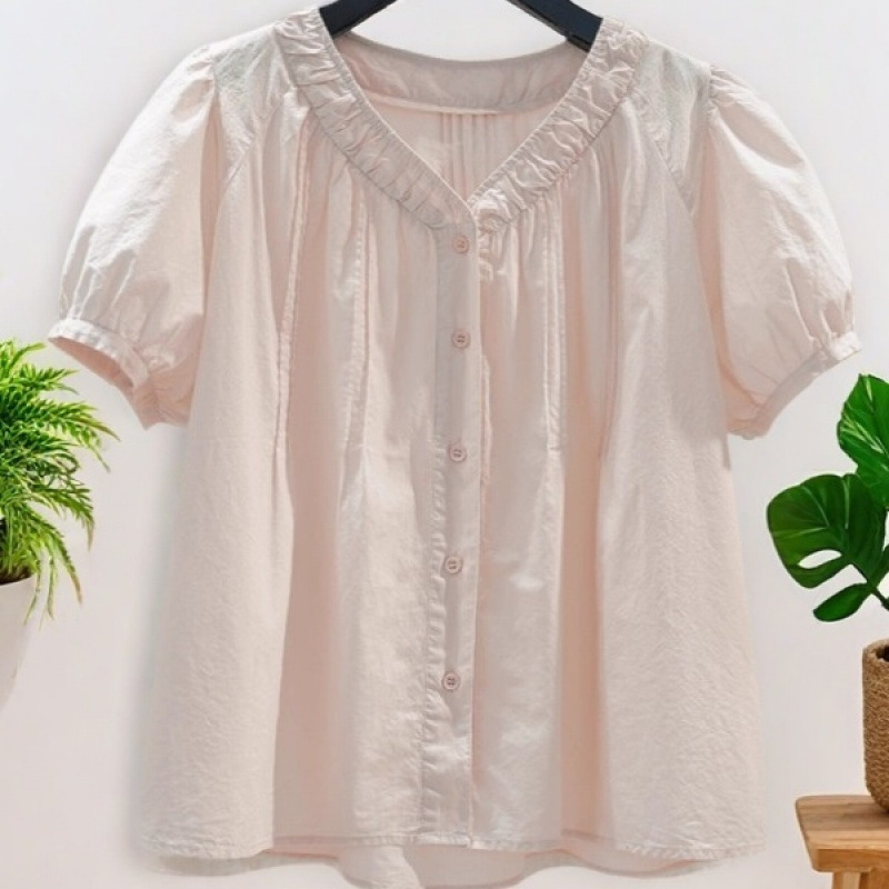 【100%】女性用純綿夏フレンチVネックプリーツパフスリーブシャツ、ゆったりとしたデザインで年齢を軽減し、シックです。|undefined