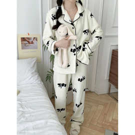 实拍2024冬季韩版熊猫图案加厚保暖小翻领双面绒家居服睡衣套装女