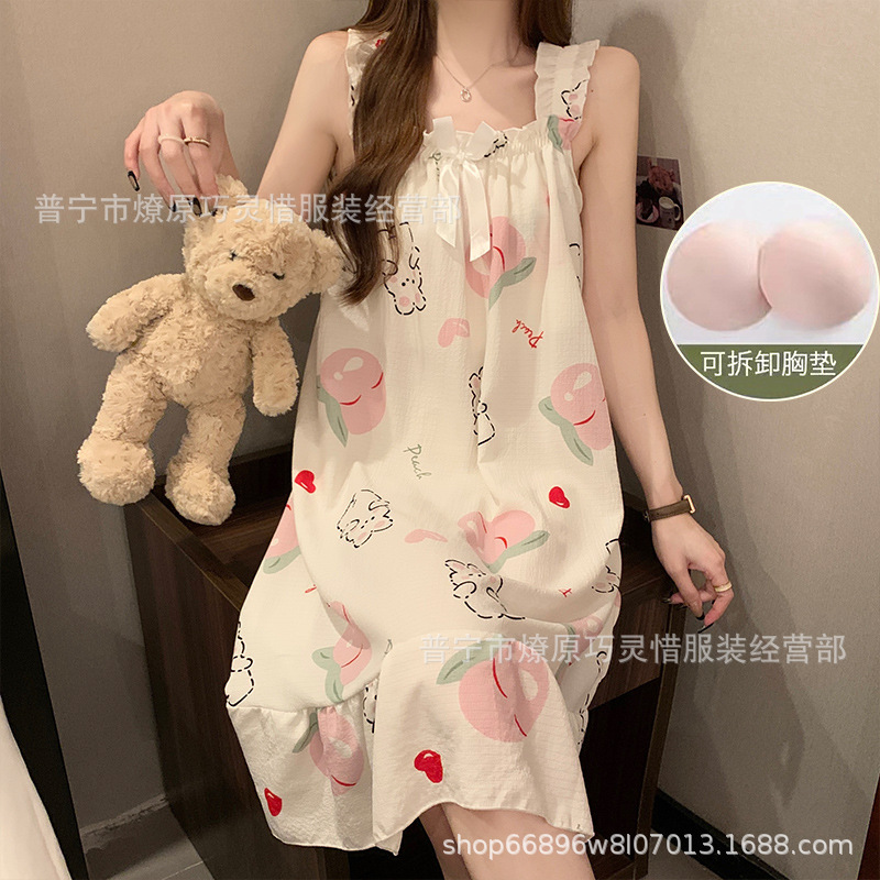 Pijama de cabina para mujeres polvo de cereza de verano algodón trenzado cojín de pecho pijama largo viento rojo de primavera y verano ropa para el hogar