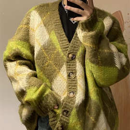 菱形格子V领针织衫外套男韩版慵懒风菠萝绿撞色宽松加厚开衫毛衣