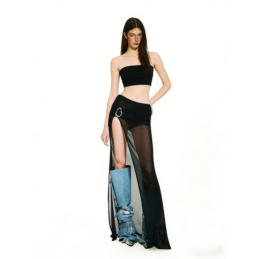 Spring 2026 European and American New Arrivals: Simple and Sexy Ruched Design Mesh Patchwork See-Through Tight-Fitting Bodycon Skirt for Women