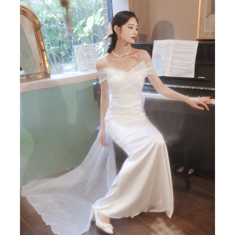 French Evening Dress, Light Wedding Dress, One-Shoulder Dress, Classy Banquet, White Fishtail Long Style, Ladylike Elegant