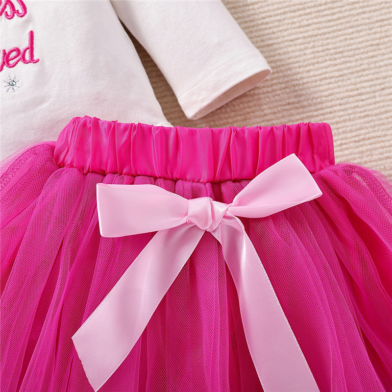 Cross-border Children's Wear Spring and Autumn New Baby Girl Sweet Long Sleeve Suit Embroidered Letters Rose Red Mesh Short Skirt