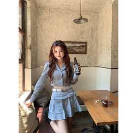 美高转校生学院风条纹衬衫半身裙套装女个性甜辣纯欲小个子两件套