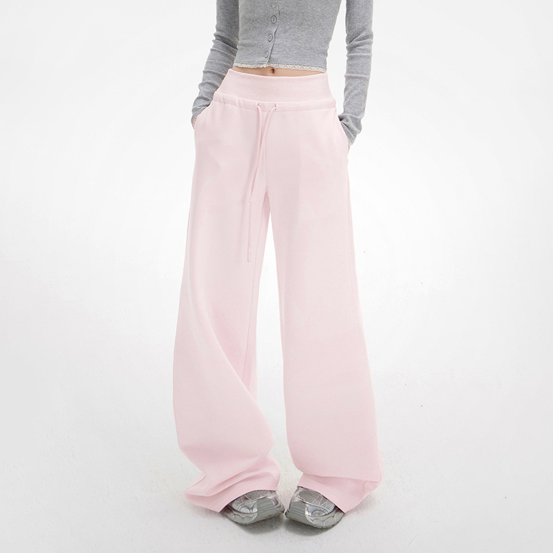 Summer American Style Retro Pink Sweat Pants Women's High Waist Loose Straight Tube Slimming Drawstring Lazy Wide Leg Casual Pants