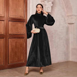 跨境外贸亚马逊春秋金丝绒连衣裙宽松大码打底遮肚显气质长裙女