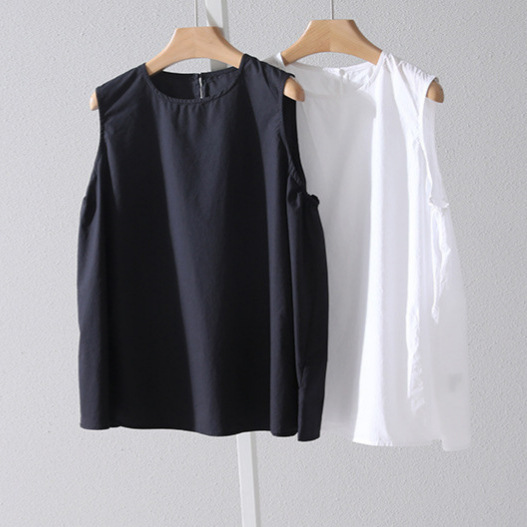 Spot Thin High-Count Poplin Elastic Pleated Cuffs Sleeveless Shirt Round Neck Vest for Women