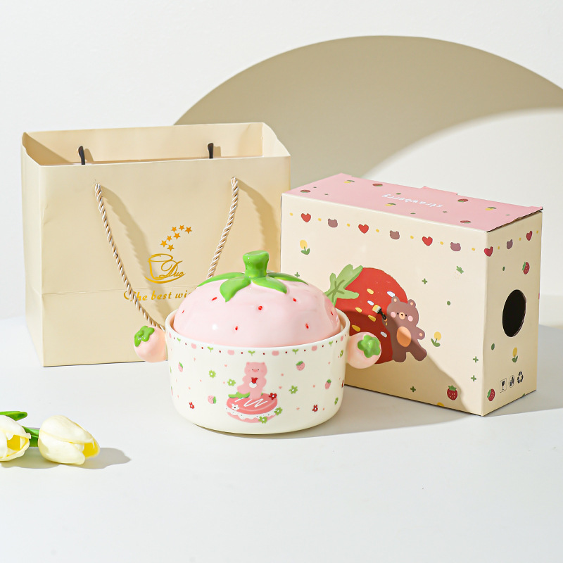 Cartoon Strawberry adorable tazón de fideos de chicas bolos de fideos caseros bolos de cerámica de doble oreja con cubierta cubierta de platos de regalo set de platos