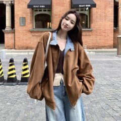 美式简约短款外套女秋季新款通勤小个子宽松百搭翻领夹克上衣棕色