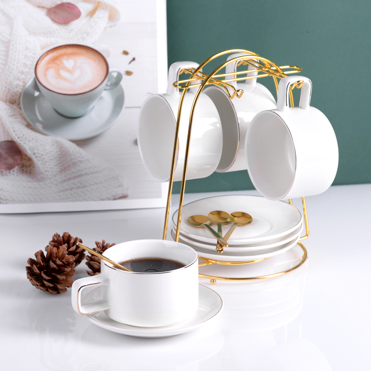 Pintura de oro Estilo nórdico cerámica taza de café y platillo traje hogar taza de leche Oficina desayuno taza mano regalo al por mayor