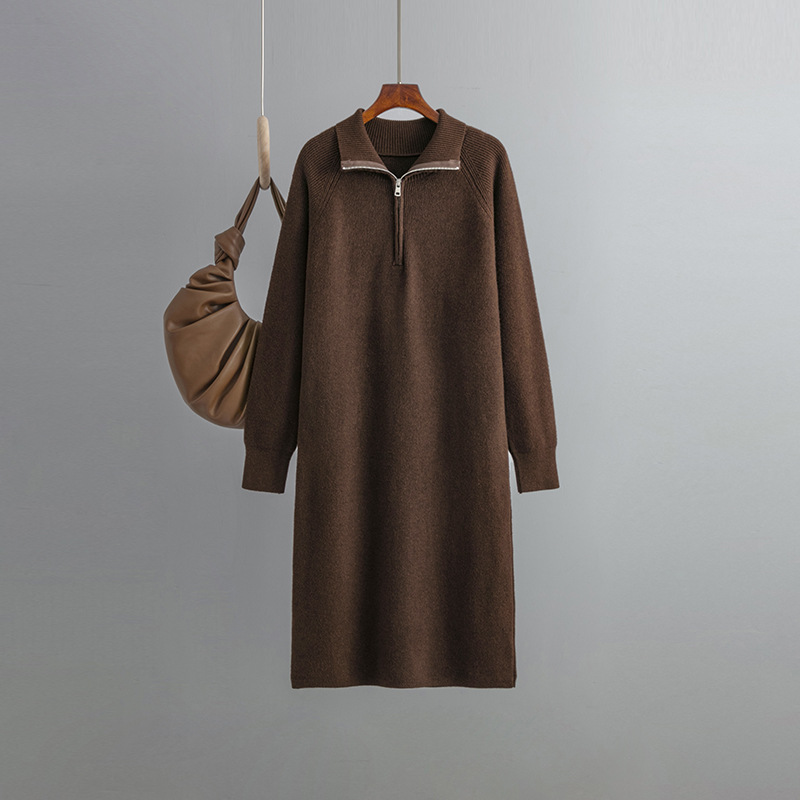 Knitted Dress Women Spring Autumn High Grade Idle Zipper Pullover Outerwear Overknee Sweater