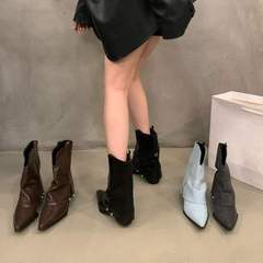 粗跟尖头裤管靴炸街小短靴女鞋春秋2025新款夏季棕色西部牛仔靴子