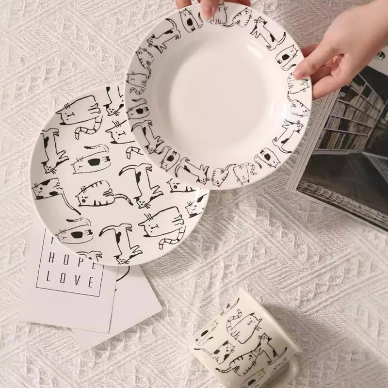 Ins Simple Household Ceramic Cup Black and White Line Cat Coffee Cup Mug Creative Ceramic Plate Cup and Saucer Combination Ins Simple Household Ceramic Cup Black and White Line Cat Coffee Cup Mug Creative Ceramic Plate Cup and Saucer Combination
