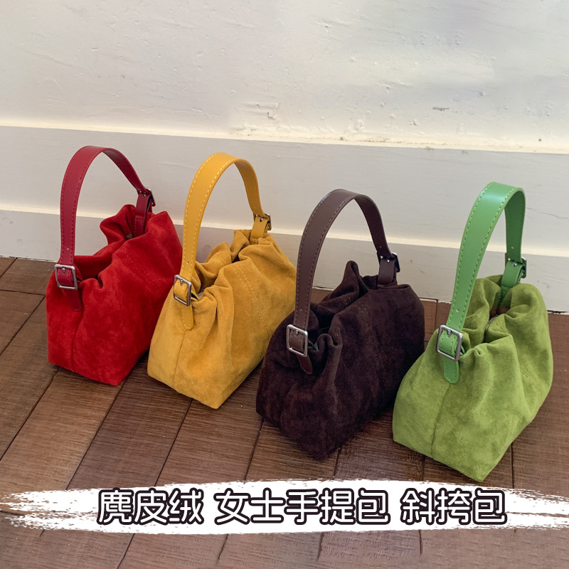 新款小众设计麂皮绒女包抽绳秋冬百搭简约手提包时尚高级感单肩包