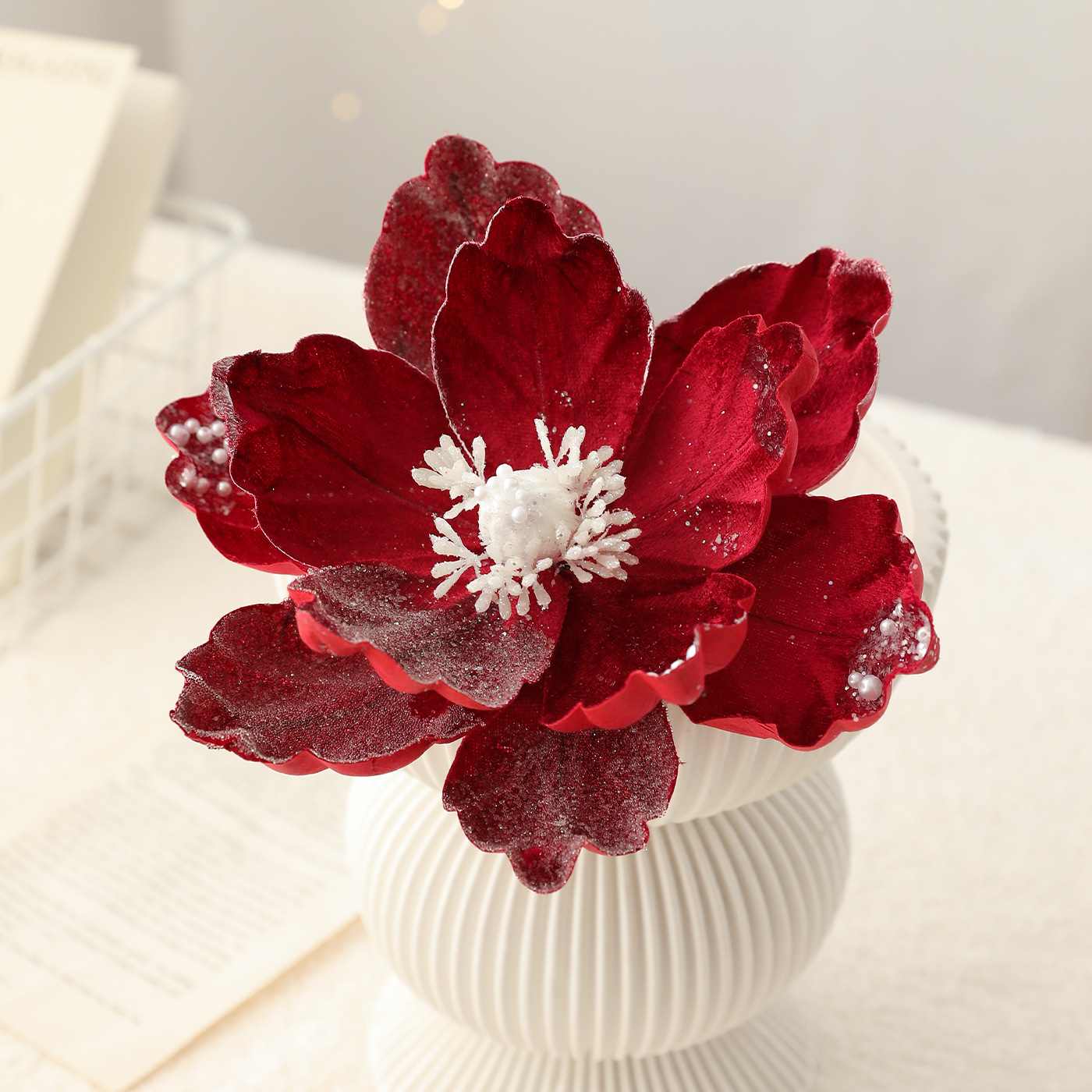 Nuevo producto 15CM flocado de polvo de viscosidad flor de Navidad magnolia de alta calidad tela de lujo decoración de Navidad imitación flores