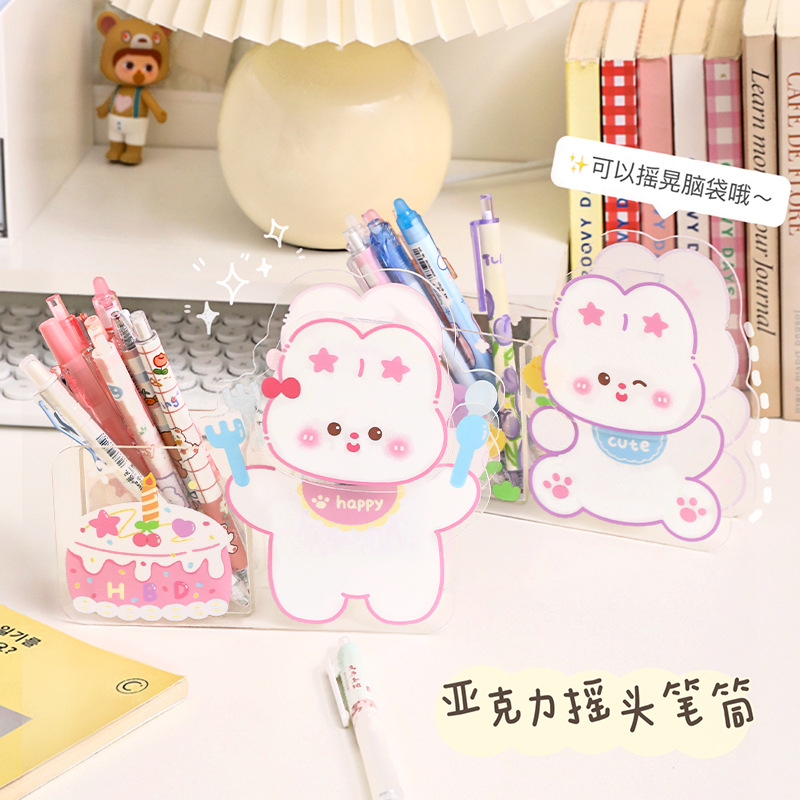 Titular de la pluma de acrílico transparente estudiante de secundaria caja de papelería de almacenamiento sacudiendo la cabeza swing caja de lápiz colgante papelería creativa al por mayor