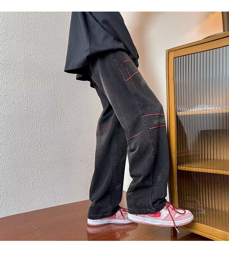 Men's Vintage Washed Denim Straight Leg Jeans Hip-Hop Style Cargo Pockets Streetwear Pants_mkmklike.com
