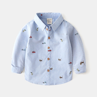 Boys' long-sleeved shirt autumn children's clothing wholesale baby Oxford woven shirt cartoon full printed clothes wholesale