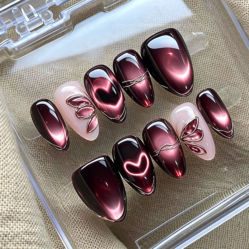 30 pieces of grape purple gradient cat-eye butterfly heart-shaped press-on nails, almond-shaped finished fake nails, wholesale pre-made nails
