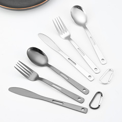 Factory Direct Supply Stainless Steel Outdoor Tableware Cross-border Travel Tableware with Mountaineering Buckle Knife Fork Spoon Portable Tableware Set