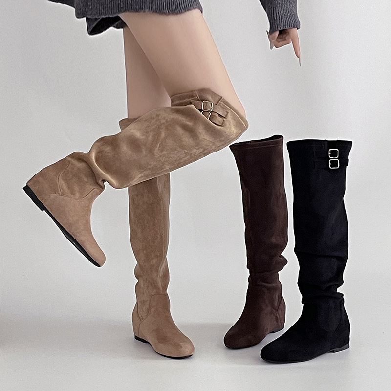 Versatile Pointed Toe Slouch Boots for Women, Winter Suede European and American Classic High Tube Riding Boots with Chunky Heels, Height-Increasing Fashion Boots