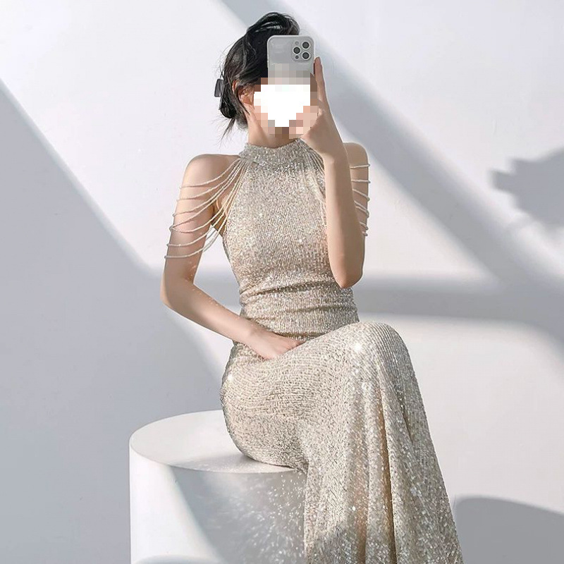 Champagne-Colored Evening Dress for Women, High-End Banquet Style, Light Luxury Niche Host Mermaid Sequin Graduation Gown, High-End