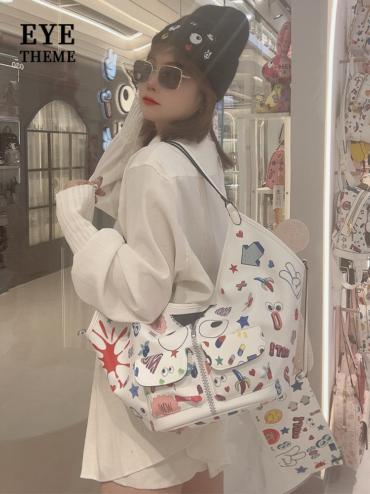 Casual damas impresión portátil bolsas de brazo de la moda de la calle para jugar con cremallera PU graffiti bolsa de almacenamiento 2697 #