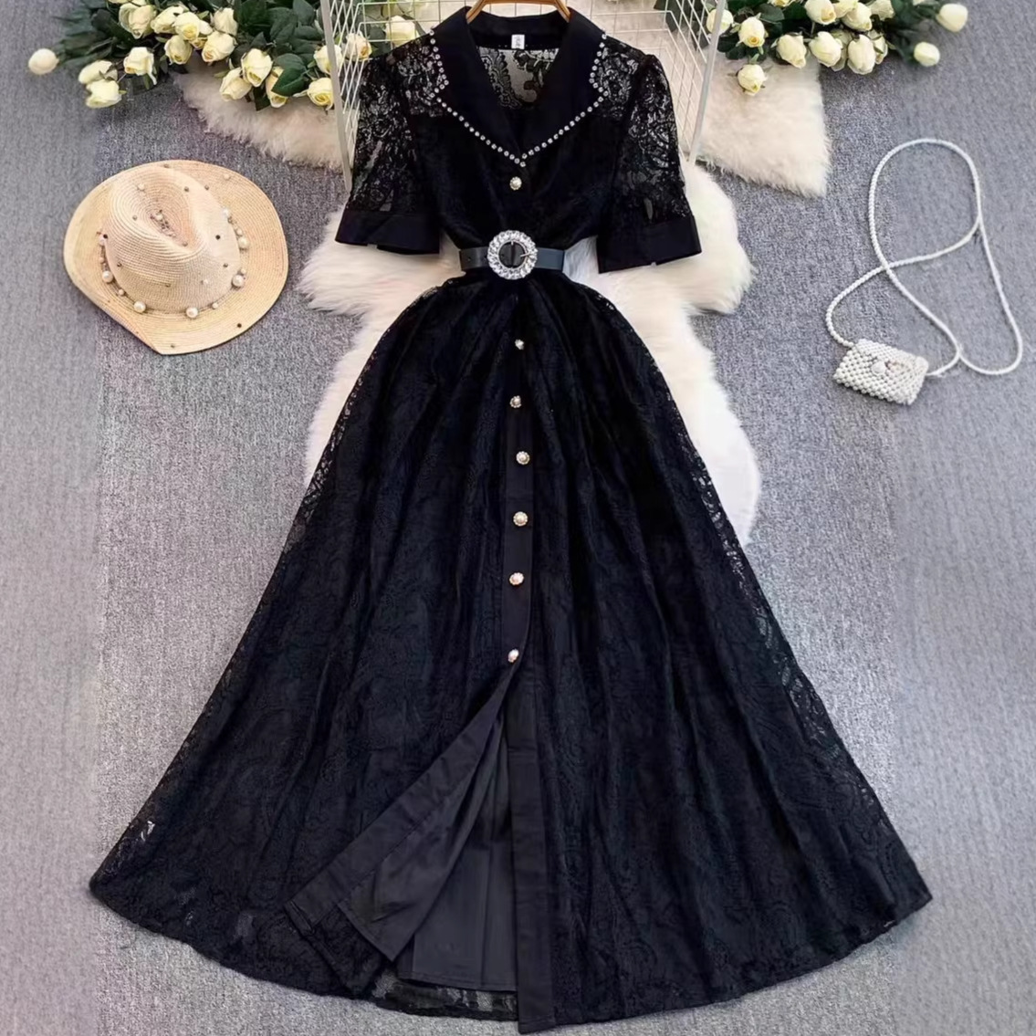 Elegance Lace Dress – Blazer Collar A-Line Maxi Dress With Pearl Buttons & Waist Tie (White/Black, S-Xxl, Office & Wedding Guest Outfit)_voghion.com