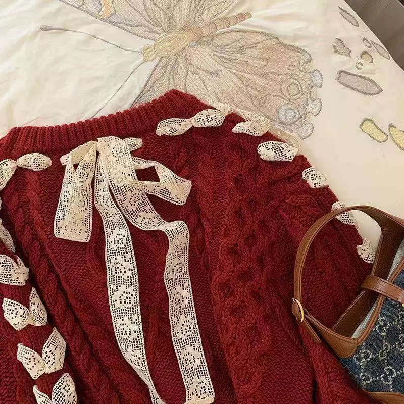 Женский свитер с вишнево-красным витым ремешком, новинка осени и зимы 2025 года, рождественский милый бант, вязаный