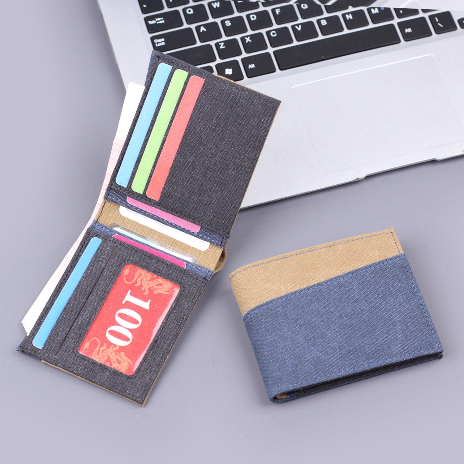 Cartera corta para hombre Cartera de cuero de lona Cartera para hombre Cartera de mezclilla de dos pliegues para hombre