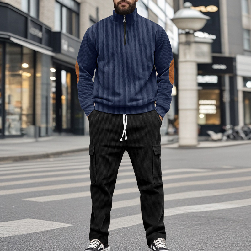 Men's Corduroy Quarter-zip Pullover And Trousers Lounge Set_voghion.com