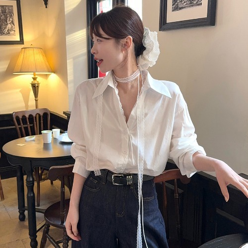 胖mm大码POLO领系带衬衫女春季蕾丝洋气宽松别致衬衣长袖外穿上衣|undefined