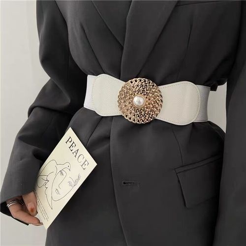 Retro Black Pearl Disc Belt for Women, Elastic Band Waist Closure, Chain-like Belt, Outerwear Suit Dress with Belt