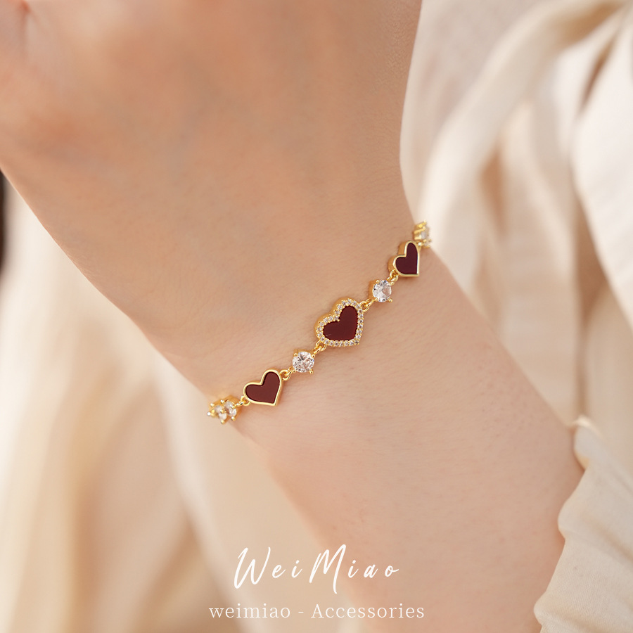 14 quilates de oro real, pulsera de amor de piedra roja, pulsera de nicho de lujo ligera, pulsera de sentimiento de alto nivel, joyas de temperamento delicado