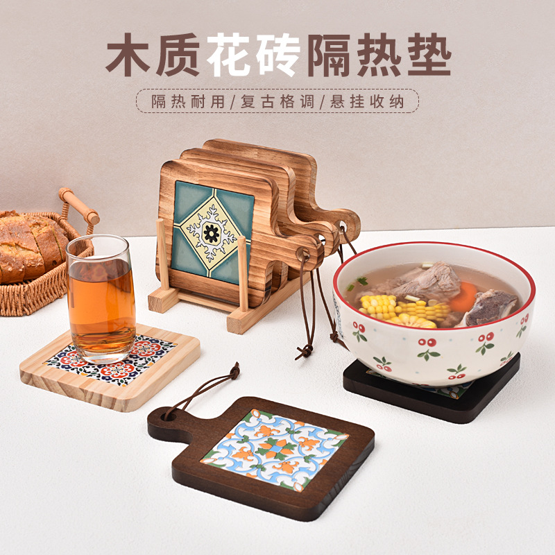 Table Insulation Mat, Retro Tile Casserole Mat, Household Wooden Pots, Dishes, Tableware Mat, Anti-Scalding Coaster, Custom Logo