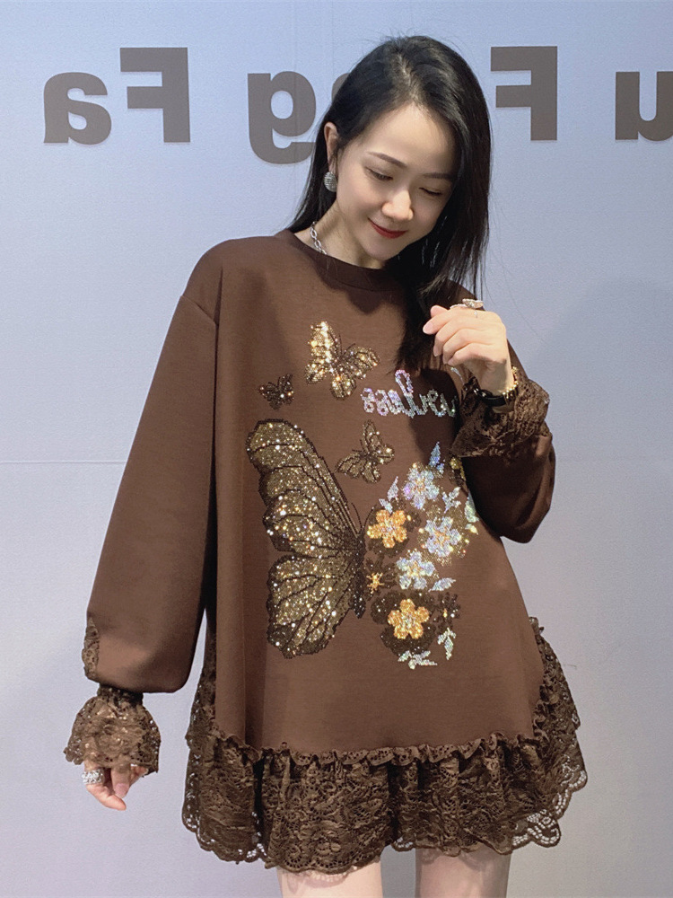 Algodón espacial de mujeres transfronterizas suelta gran camiseta de mangas largas de encaje de primavera y otoño de taladro caliente de cuello redondo camiseta