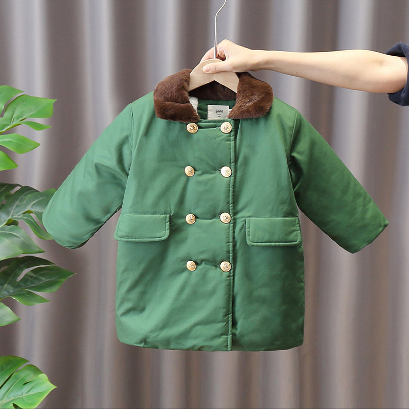 兒童軍棉大衣綠色加絨加厚中長款棉襖男女童寶寶冬季復古棉服外套
