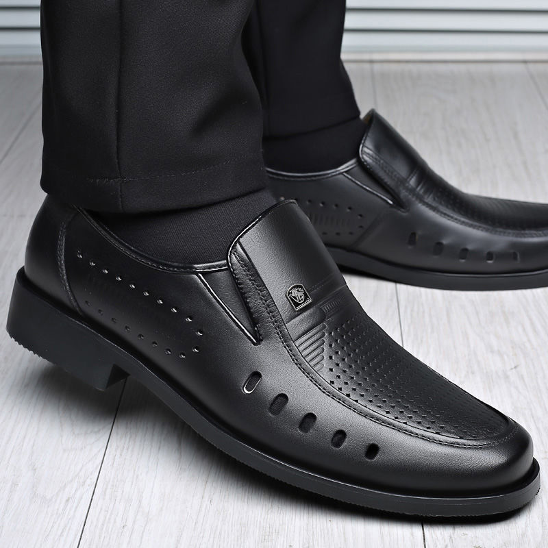 Men's Leather Slides with Openwork Design, Summer Business Loafers, Breathable Leather Slippers for Middle-Aged Men, Dads, Soft Sole, Anti-Slip