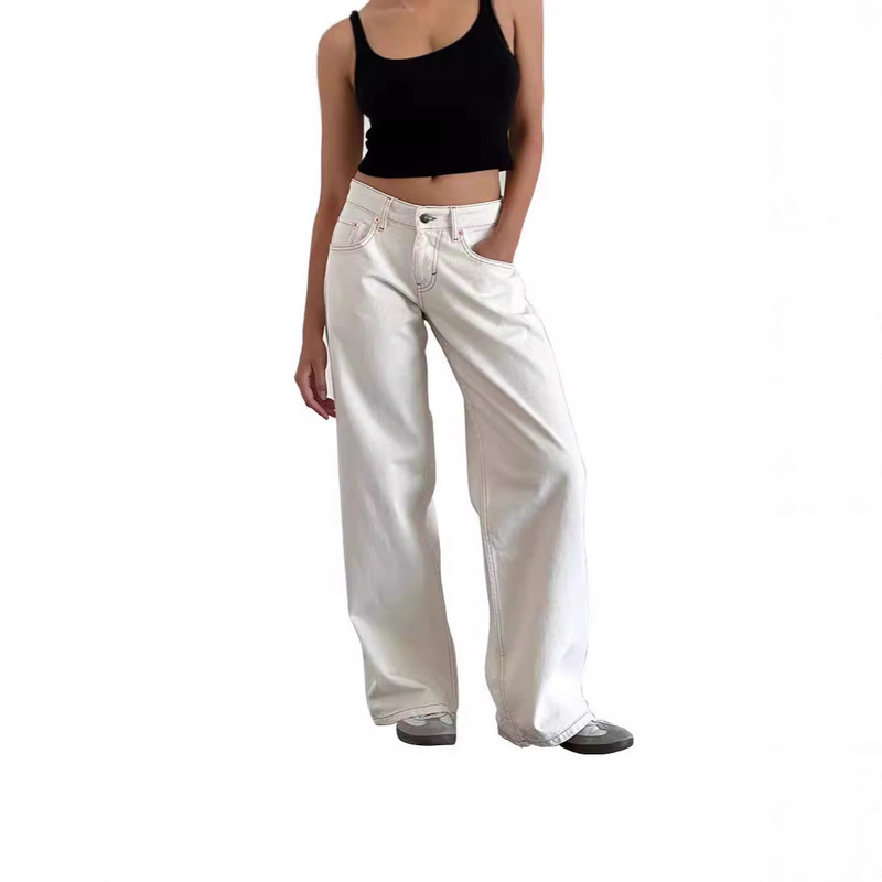 American Vintage Low Waist Non-Elastic Washed Straight-Leg Jeans Women's Autumn New Street Wide Leg Denim Women's Pants