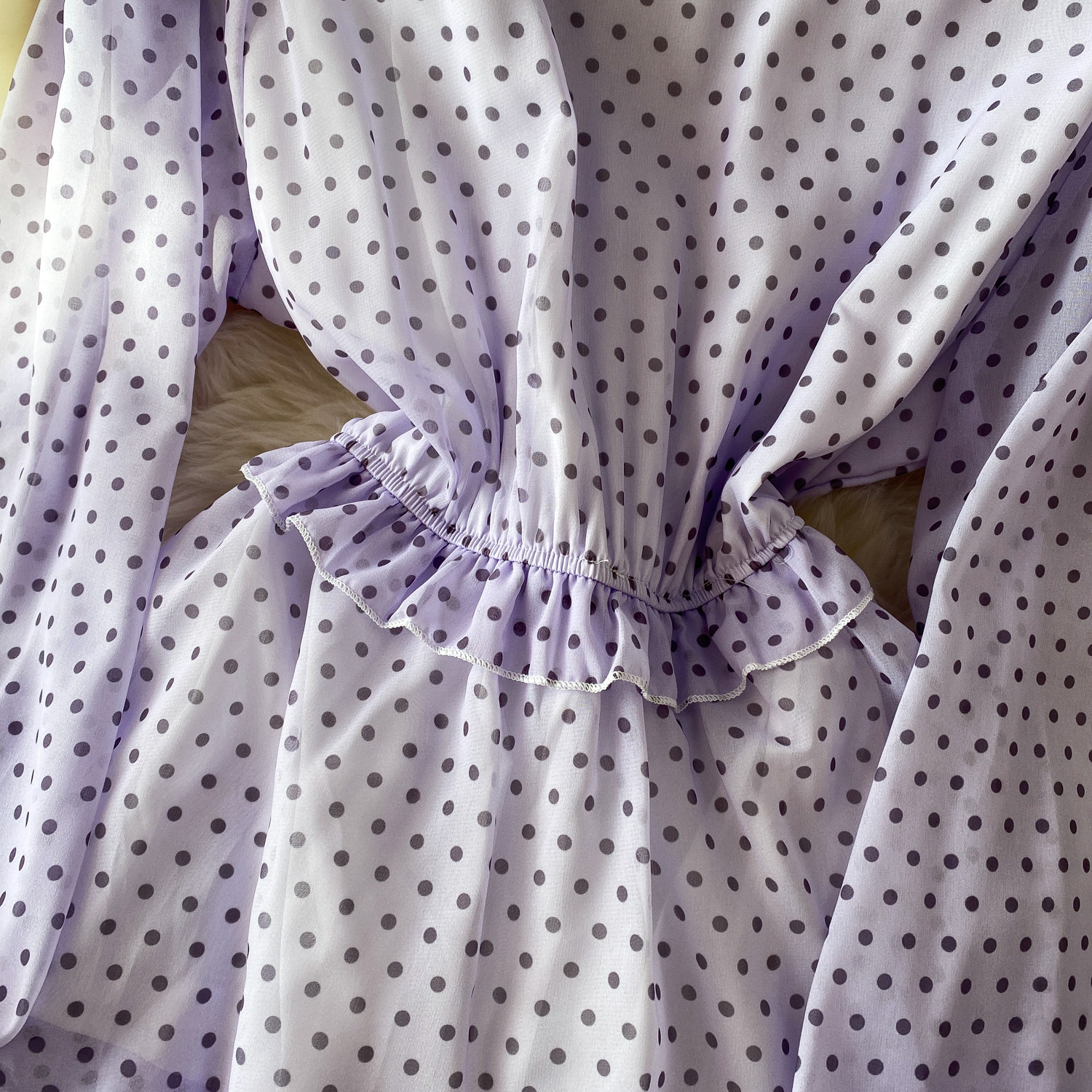 Women's French Sweet Color Block Bow V Neck Long Sleeve Dress Summer Polka Dot Ruffle Hem Elegant Long Skirt_ecoleips.com