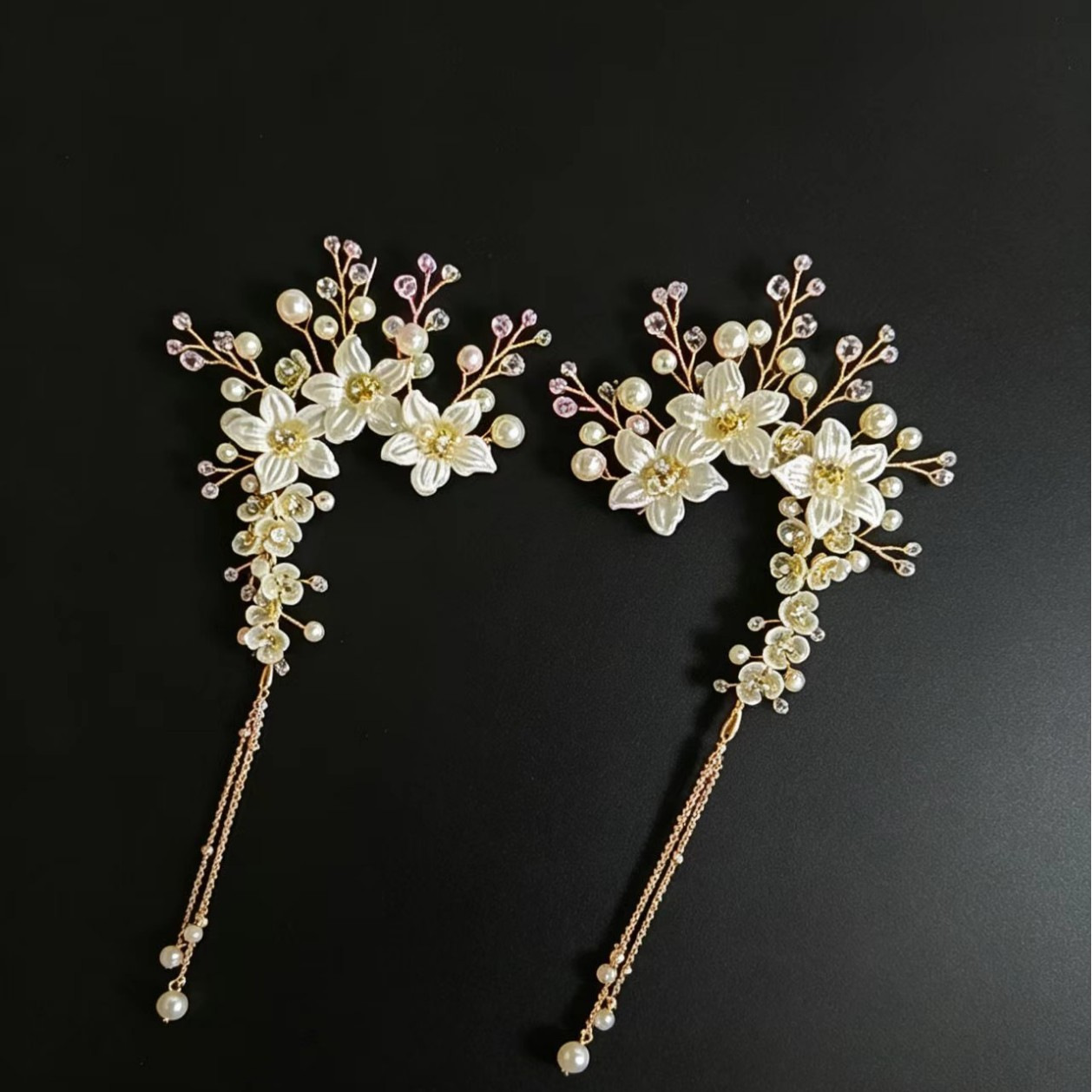 European and American cross-border bridal wedding hair accessories, alloy handmade pearl and diamond-embellished ear clips, ear cuffs, side clips, and earrings
