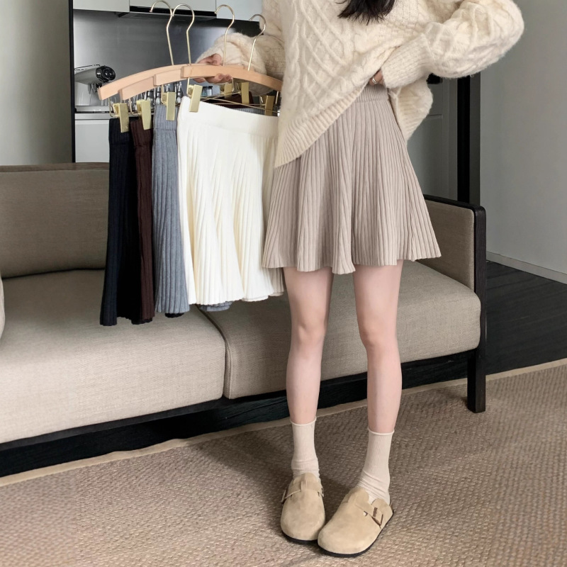 纯色松紧腰针织半身裙女秋季百搭休闲裙子显瘦小个子半裙a字短裙|undefined